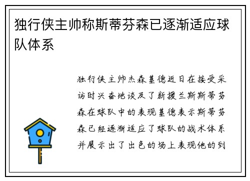 独行侠主帅称斯蒂芬森已逐渐适应球队体系