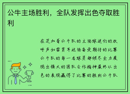 公牛主场胜利，全队发挥出色夺取胜利