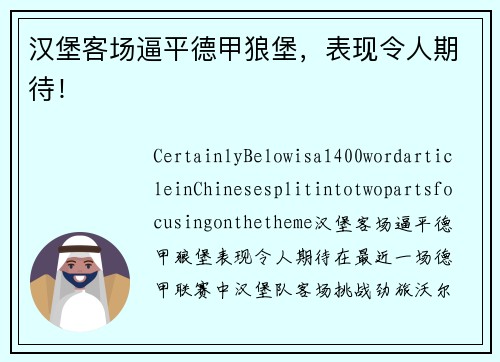 汉堡客场逼平德甲狼堡，表现令人期待！