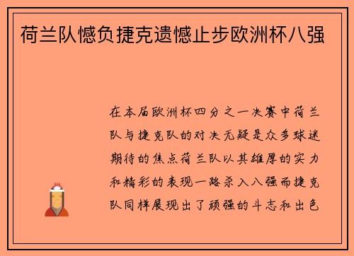 荷兰队憾负捷克遗憾止步欧洲杯八强