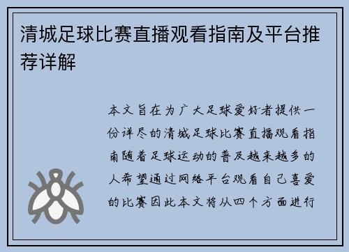 清城足球比赛直播观看指南及平台推荐详解
