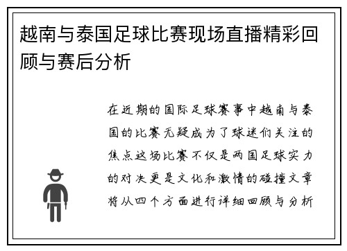 越南与泰国足球比赛现场直播精彩回顾与赛后分析
